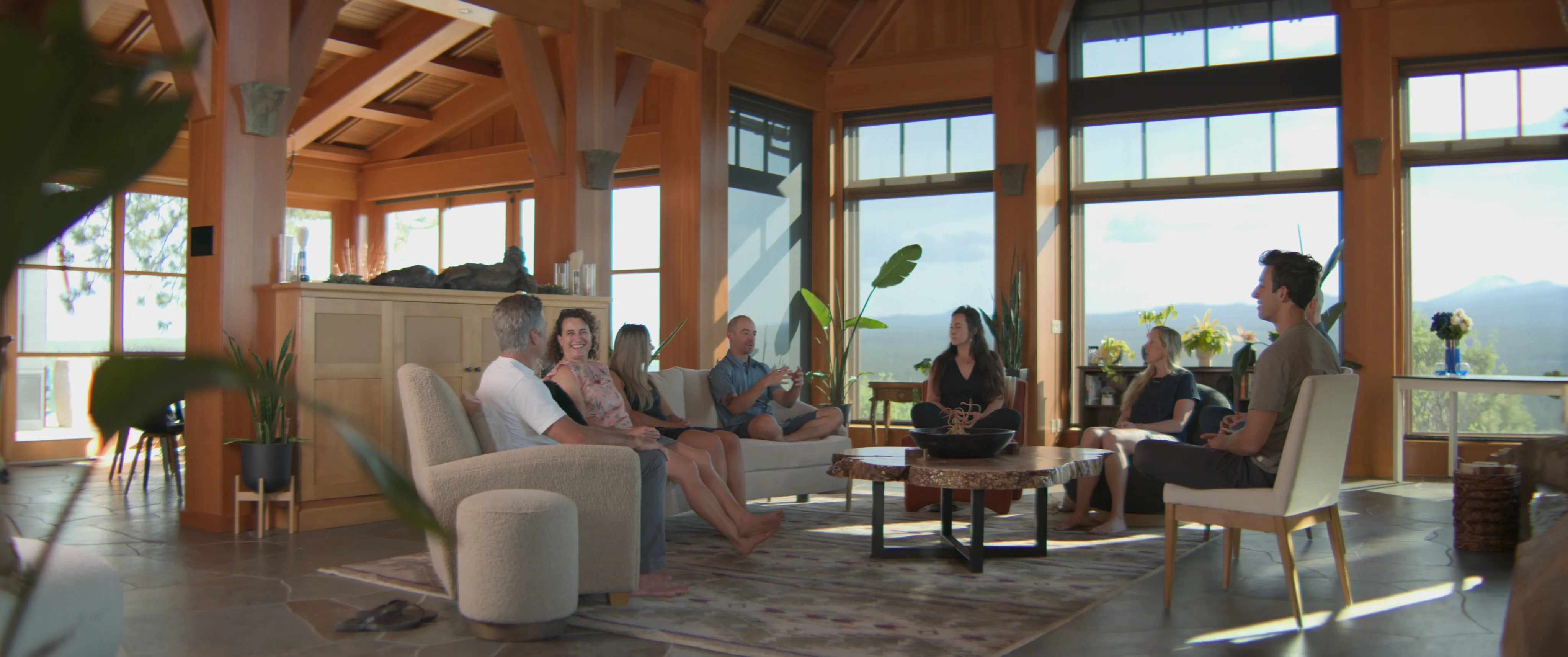 Guests gathered in the lodge at an Odyssey group retreat